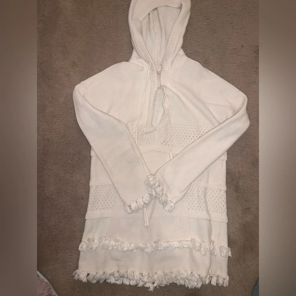 TORY BURCH Cream Baja Hooded Knit Tunic Sweater XS winter casual classic $300
